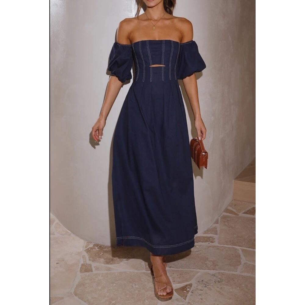 Billy J Claira Midi Dress Navy Blue Women’s Size 6 Puff Sleeve Square Neck